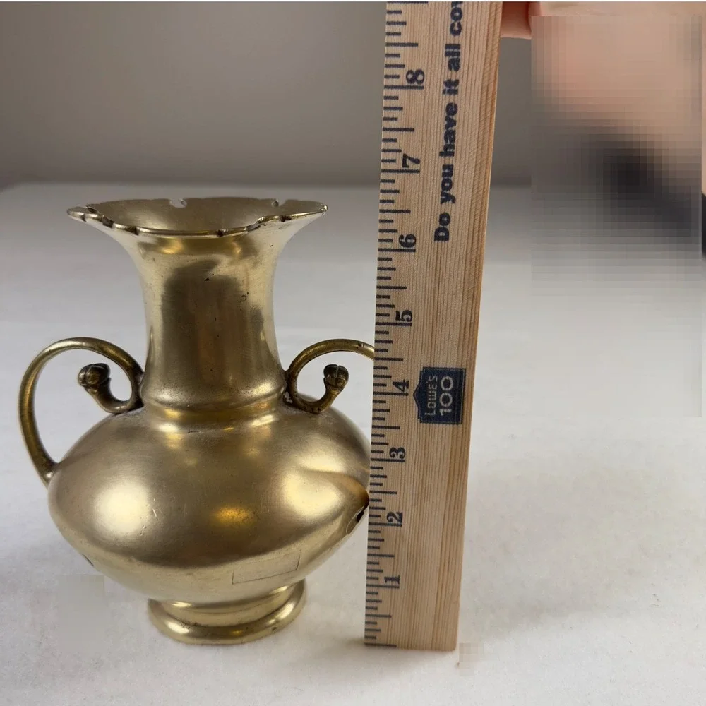 Antique Brass Vase Small Double Handle Ornate Rim Pedestal Base